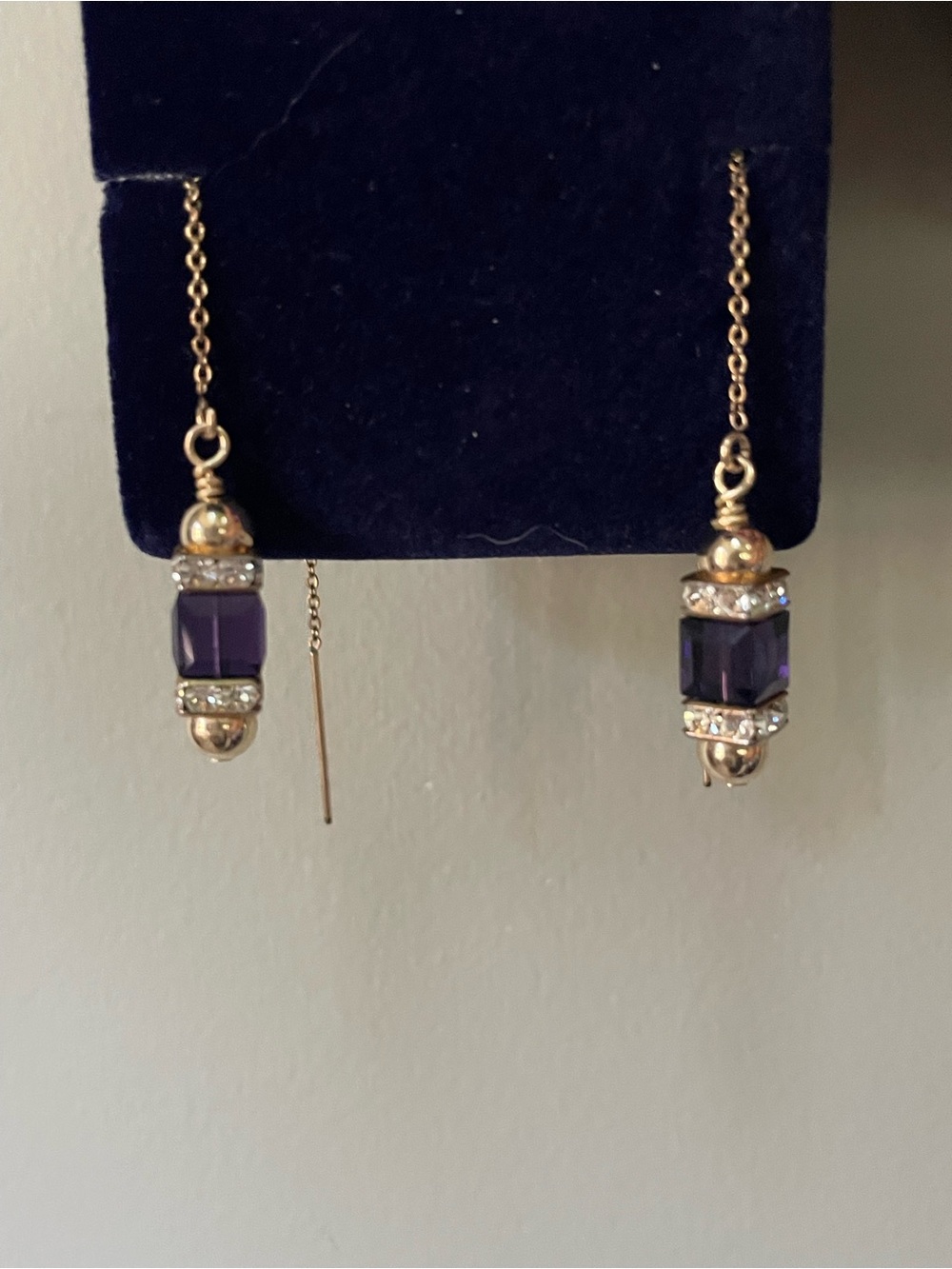 Gold and Purple Crystal Drop Threader Earrings